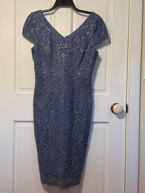 Alex Evenings Dusty Blue Lace Sequin Midi Dress